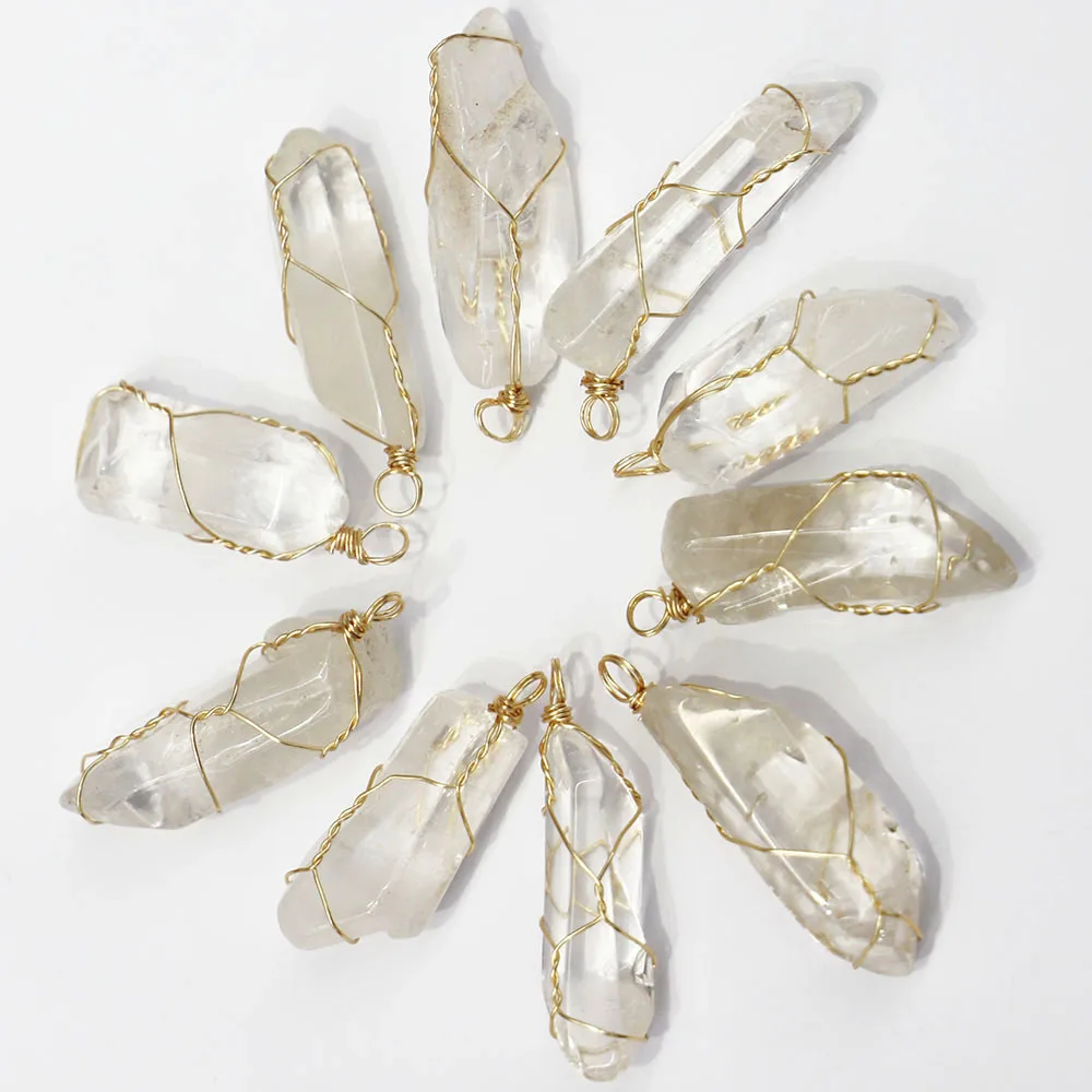 Natural White Crystal Column Irregular Pendant Wrapped Silk Energy Raw Stone Necklace DIY Jewelry Accessories Wholesale 10Pc/Lot