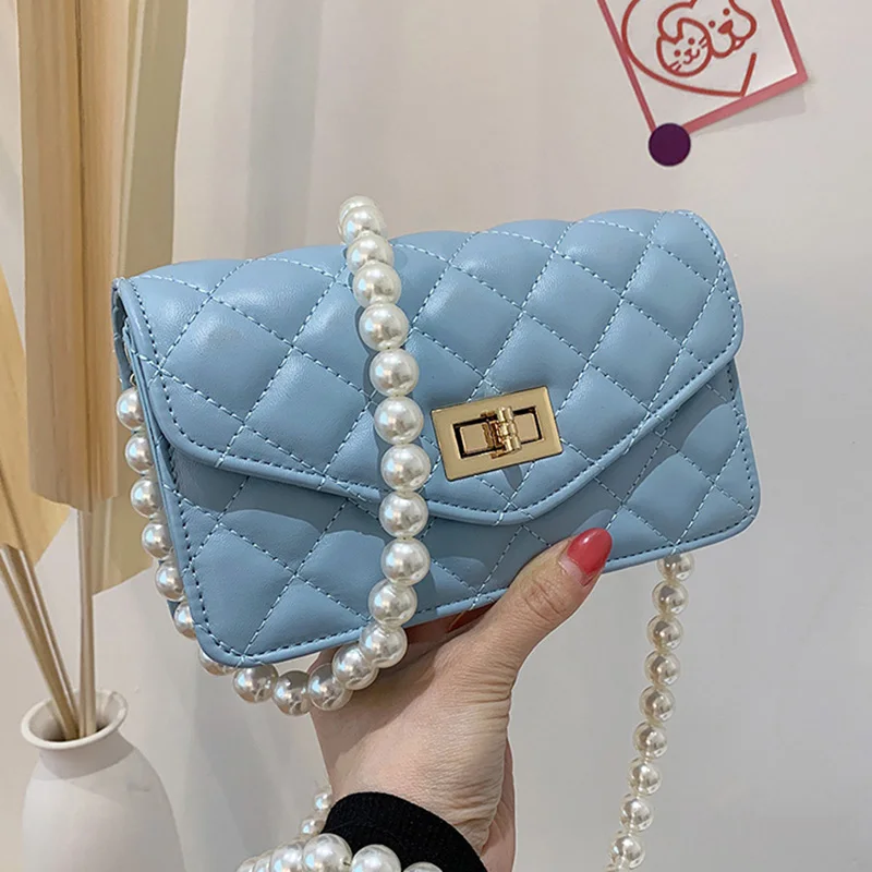 

Women Pu Leather Blue White Black Crossbody Bag 2022 Luxury Brand Pearl Shoulder Bags Designer Female Plaid Handbag and Purses
