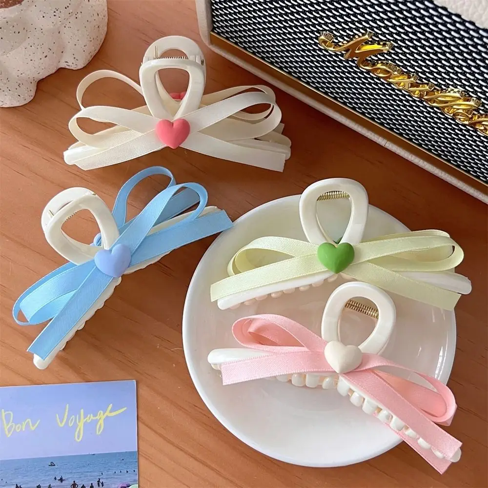 

Summer Sweet Balletcore Ribbon Love Bow Knot Large Hair Clip Female Cute Elegant Shark Clip Heart Hair Claw Ornament Headwear