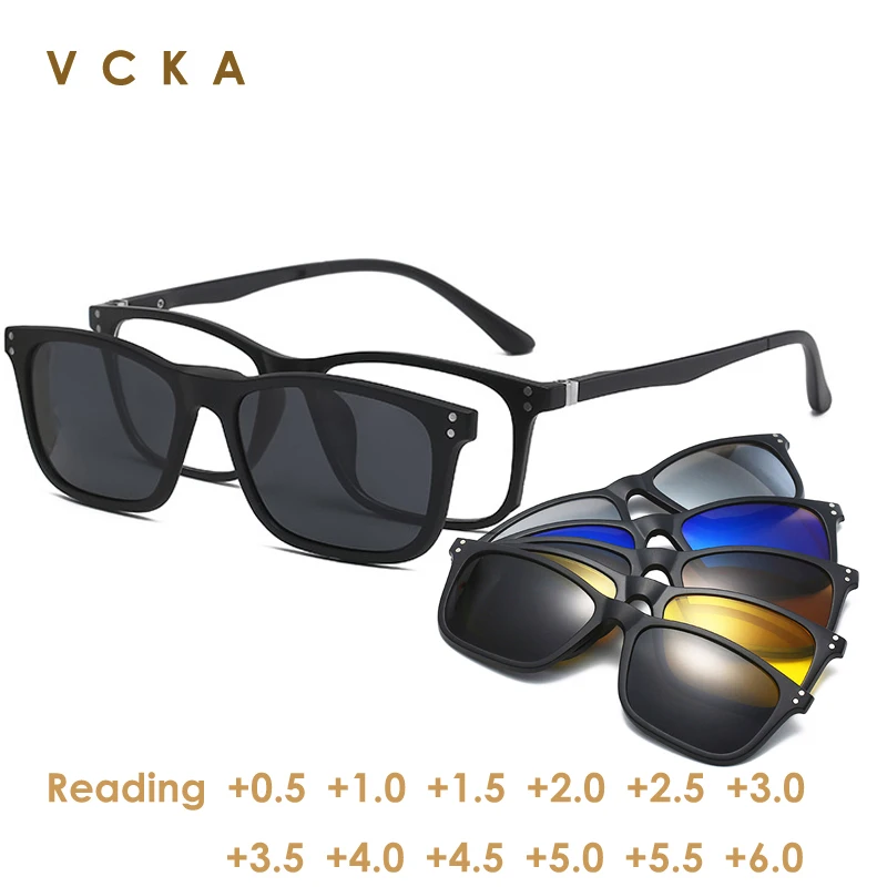 

Солнцезащитные очки VCKA 6 в 1 для мужчин и женщин, поляризационные оптические Магнитные очки для чтения с магнитным зажимом, в оправе + 0,5 ~ + 6,0