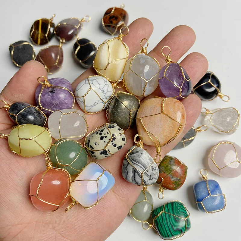 

Polished Natural Stone Pendant Agates Quartz Rough Stone Wire Wrapped Crystal Charms for Jewelry Making DIY Necklace Necklace