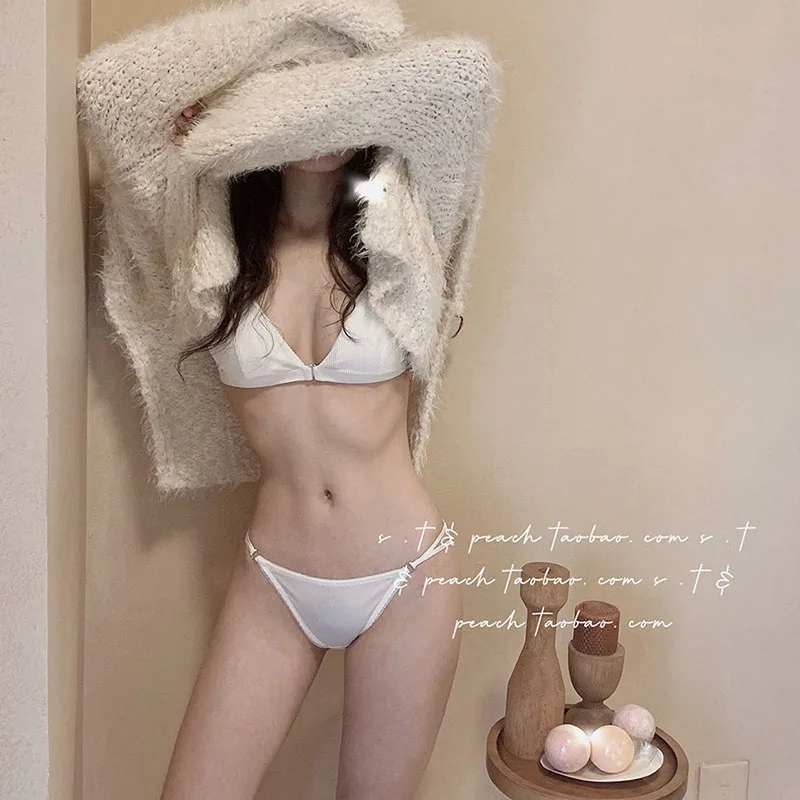 French Style Front Buckle Triangle Cup Underwear Bra No Steel Ring Comfortable And Sexy Ultra-thin Bra Lingerie Set