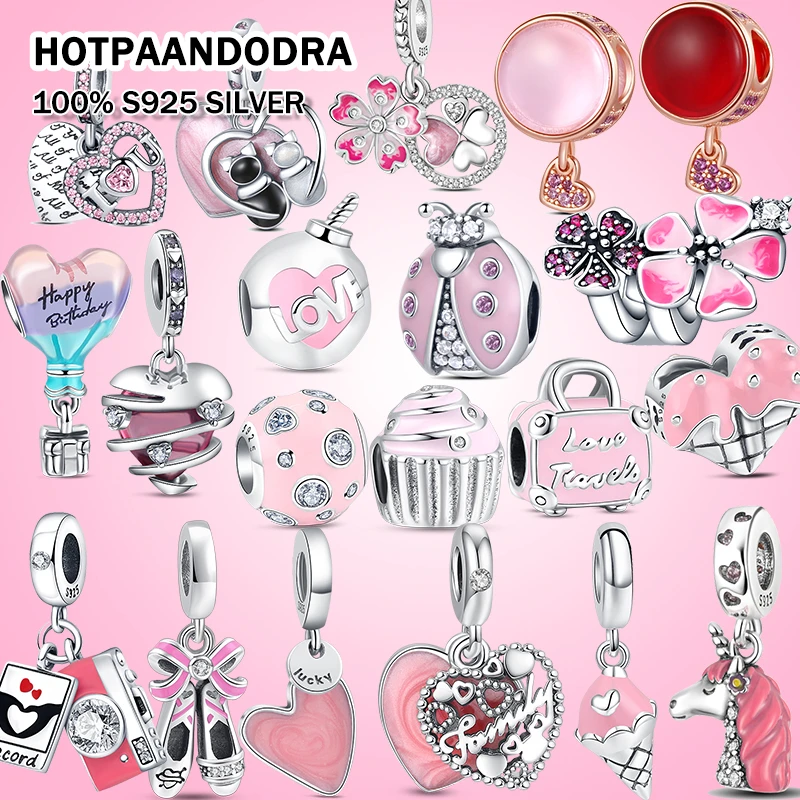 Pink Series Charms Dangle Fit Original Pandora Bracelets 925 Silver Heart Cake Ice-cream Wine Beads For DIY Women Jewelry Gifts
