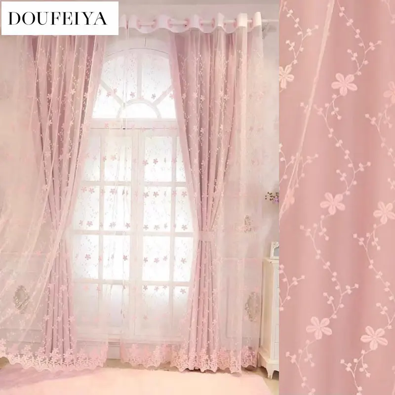 Korean Pink Blackout Princess Curtains for Girls Kids Living