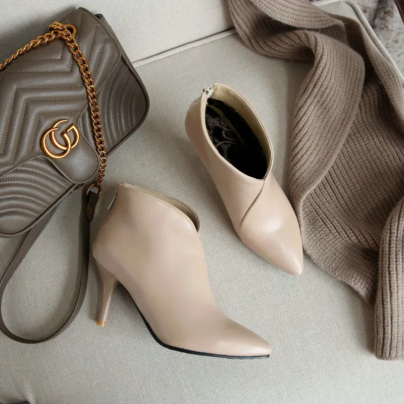 QPLYXCO 2020 зимние Осенние весенние женские ботинки с острым носком и V-образным