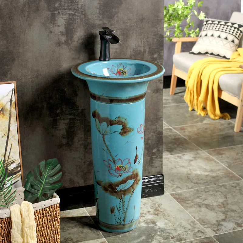 

Simple Washstand Basin With One Balcony Ceramic Pillar Washbasin Toilet pedestal basin Vertical Floor Type Household basin sink