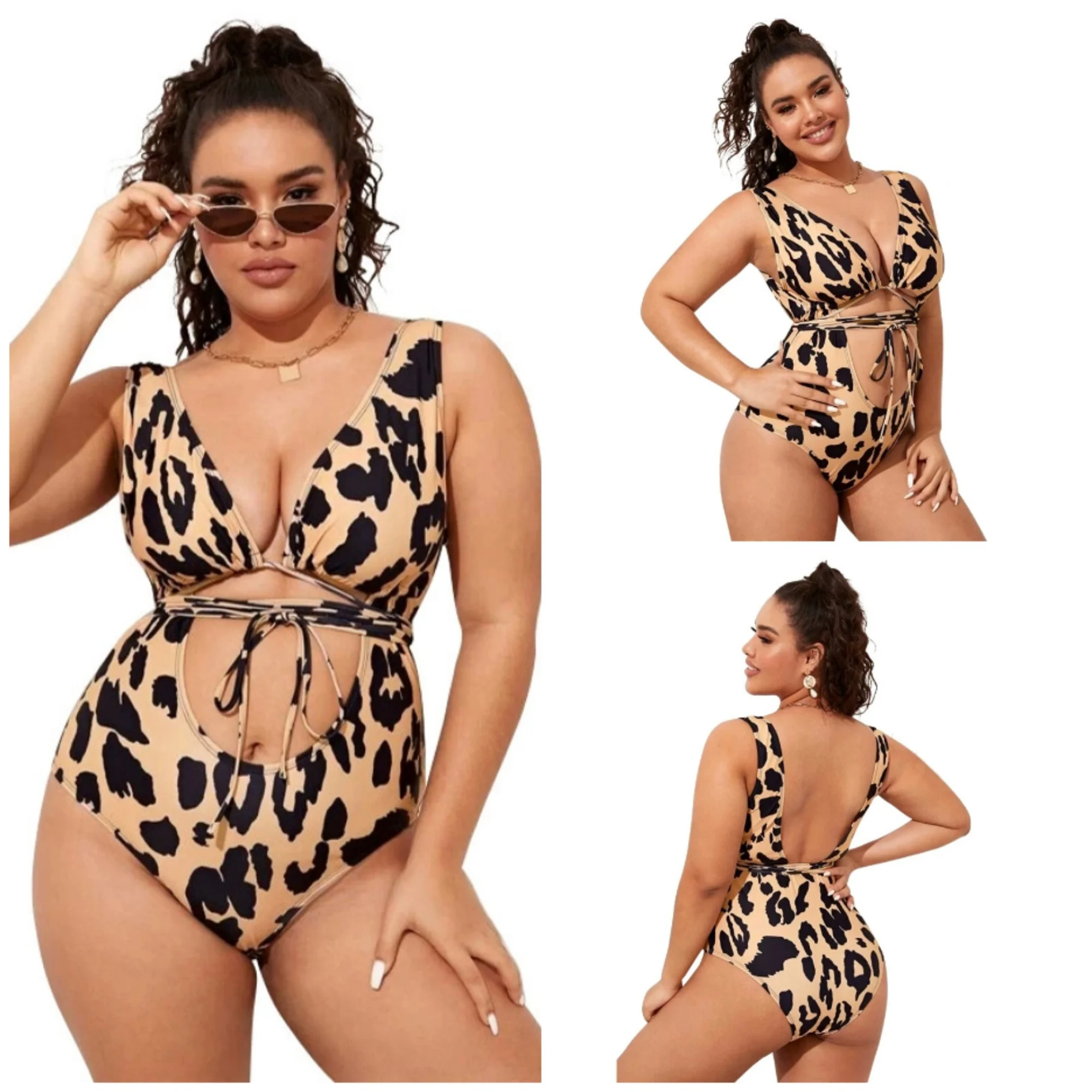 

Новый Цельный купальник большого размера с леопардовым принтом, сексуальный праздничный купальник на бретельках с открытой спиной и высок...