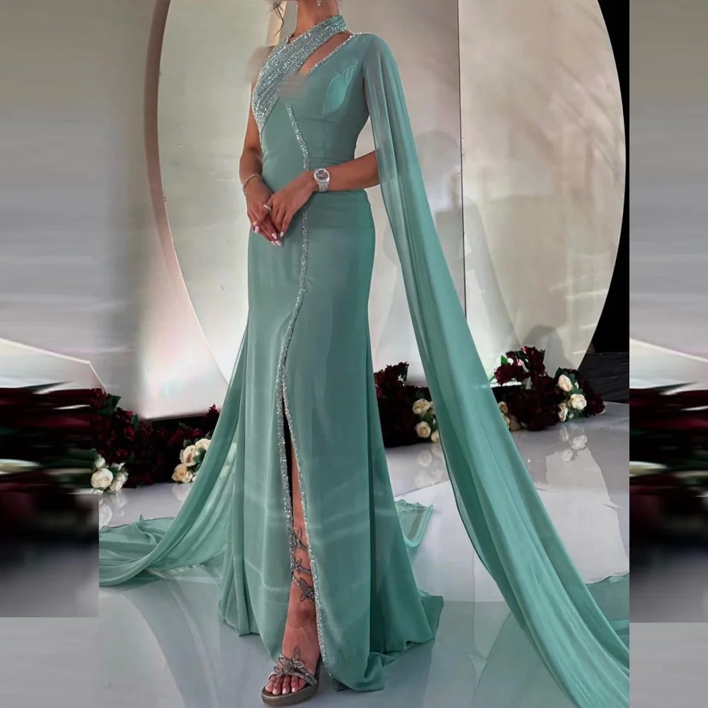 

POMUSE Mermaid Prom Dresses Saudi Arabic Satin One Shoulder Sequined Formal Party Gowns Dubai Women Wear Outfits Evening Dress