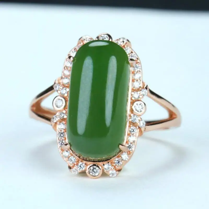 

Natural Green Jade Rings 925 Sterling Silver Chinese Nephrite Hetian Jades Zircon Oval Ring Adjustable Women Golden Jasper Bands