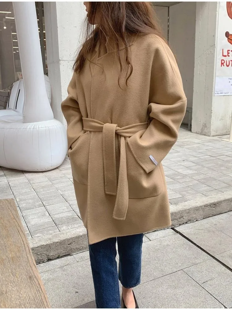 

2022 Winter Lapel Double-Sided Lace Up Black Long 100% Wool Coats Women's New Korean Style Short Loose Fat Woolen Jackets