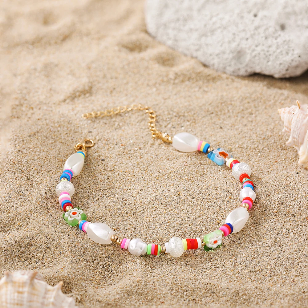 

Boho Simulated Pearls Ankle Bracelet for Women Handmade Colorful Flower Flat Clay Beads Anklet Summer Beach Jewelry
