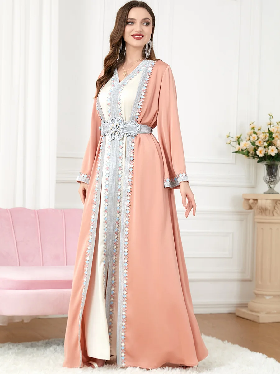 Women's Prayers Muslim Luxury Brand Slit V-neck Long-sleeved Two-piece Gown Dubai Abaya Arab Embroidery Chiffon Party Dress