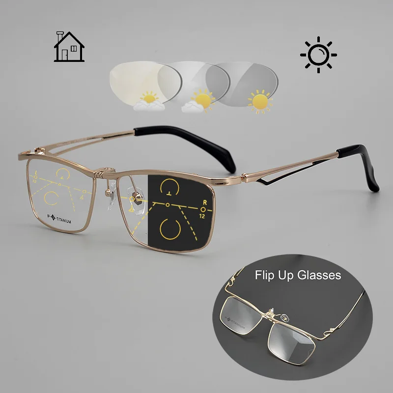 Titanium Square Flip Up Photochromic Progressive Multifocal Reading Glasses Business Hyperopia Sun Glasses Top Quality Designer