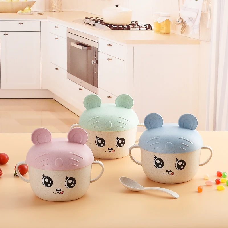

2Pcs/Set Baby Feeding Food Bowl+Spoon Tableware Anti-hot Wheat Cartoon Kids Dishes Children Eating Dinnerware Set Plate Training