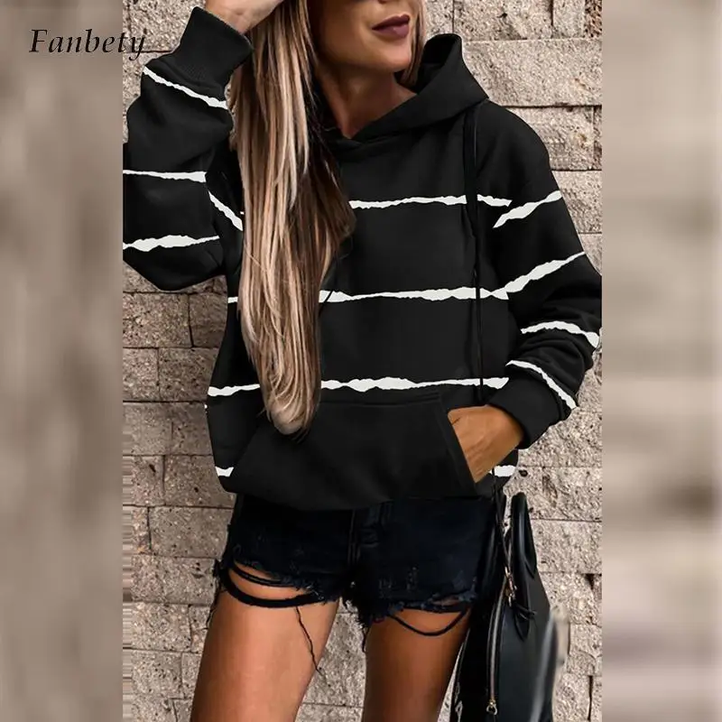 

Женская Повседневная Свободная Толстовка с капюшоном, осенне-зимний модный пуловер в полоску и в стиле пэчворк, элегантная Свободная Толст...