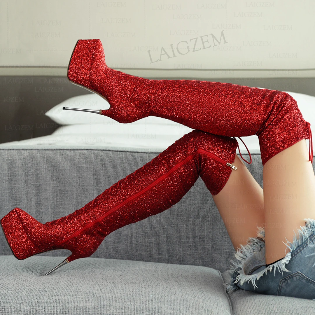 

Женские высокие ботинки laigзем, металлические туфли на тонком высоком каблуке 16 см, блестящие вечерние туфли на молнии, большие размеры 33 38 40 43