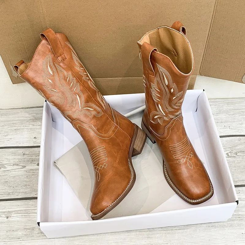 Fashion Embossed Microfiber Leather Women Boots Pointed Toe Western Cowboy Boots Women Knee-High Boots Chunky Wedges