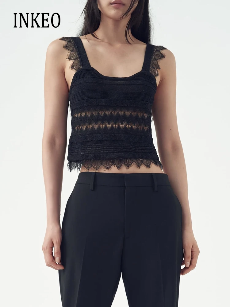 

Sexy Sleeveless knitted tank tops Black Summer Club Hollow out Lace patchwork sweater 2023 New Ladies straps tops INKEO 3T061