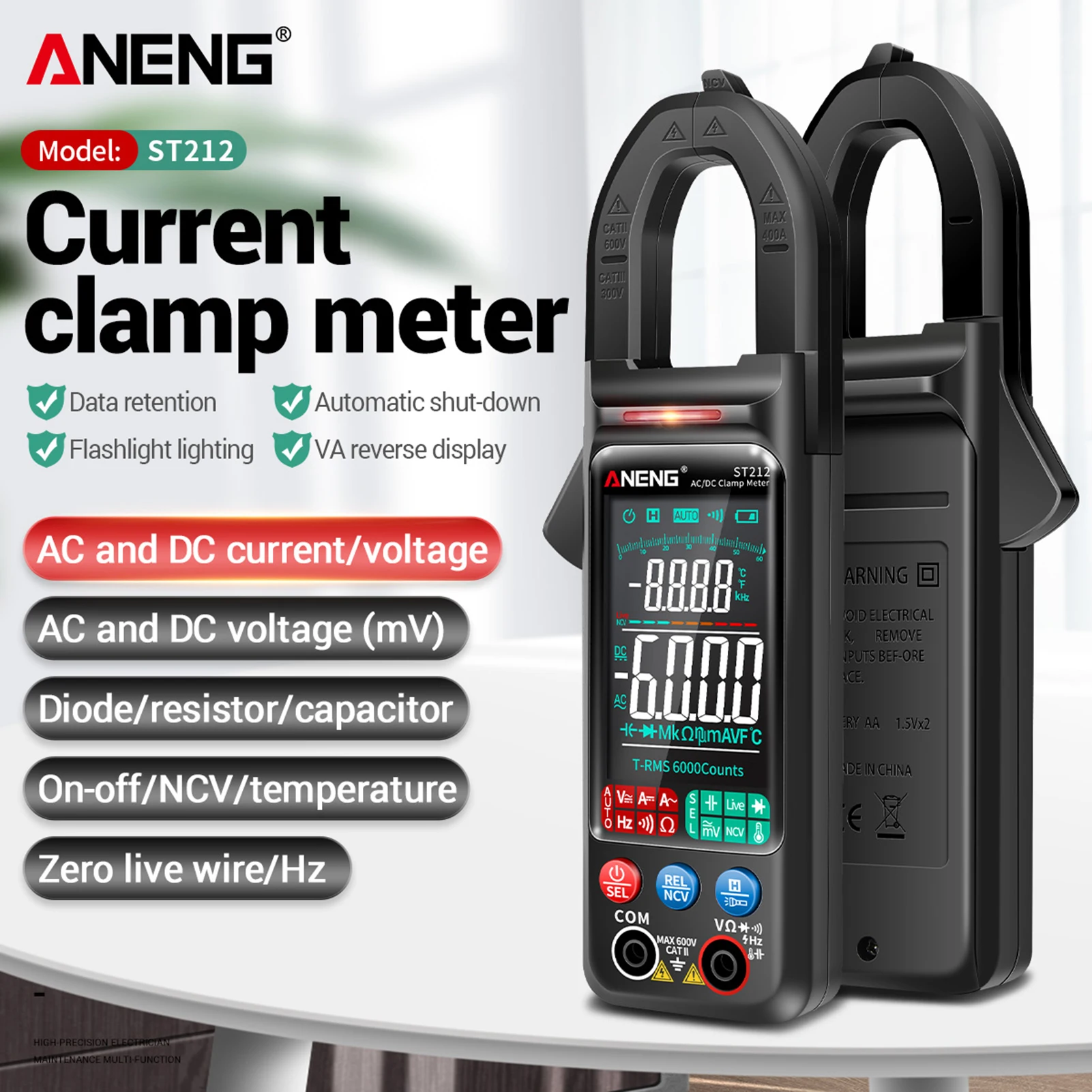 

ANENG ST212 Clamp Meter Intelligent Digital Clamp Multimeter 6000 Counts Smart AC & DC Voltmeter 400A Ammeter VA Colored Display