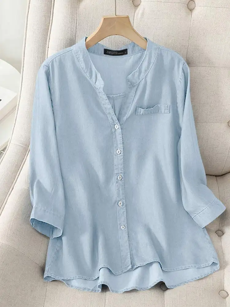 

Oversized Women Denim Blue Shirts 2022 ZANZEA Spring Autumn Long Sleeve Tops Tunic Casual OL Button Up V-Neck Blusas Femininas