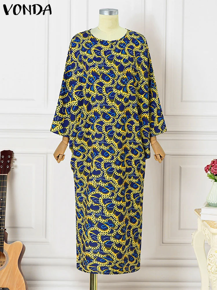 Плюс размер 5XL VONDA длинное платье макси с богемным принтом 2024 женское винтажное