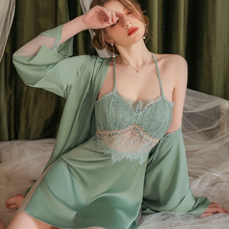 

Женская пижама CRLAYDK, Сексуальная кружевная ночная рубашка для отдыха с нагрудной подушкой и халат, атласная шелковая рубашка, нижнее белье, длинное платье для сна