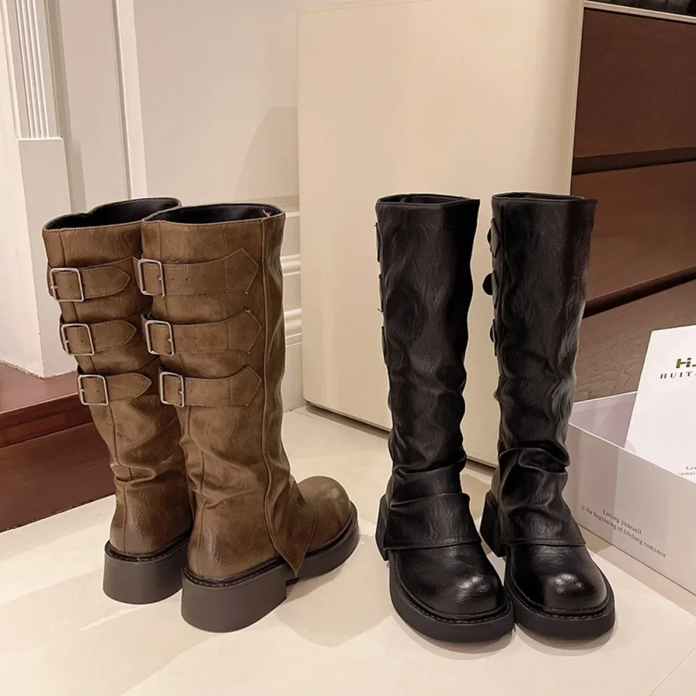 High Quality Wasteland y2k style Vintage Detachable Boot Barrel Western Boots for Women Black Belt Straps Shoes