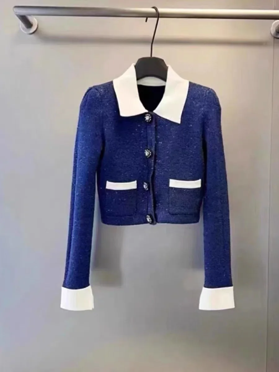 Женский темно-синий модный костюм из двух предметов с длинными рукавами и