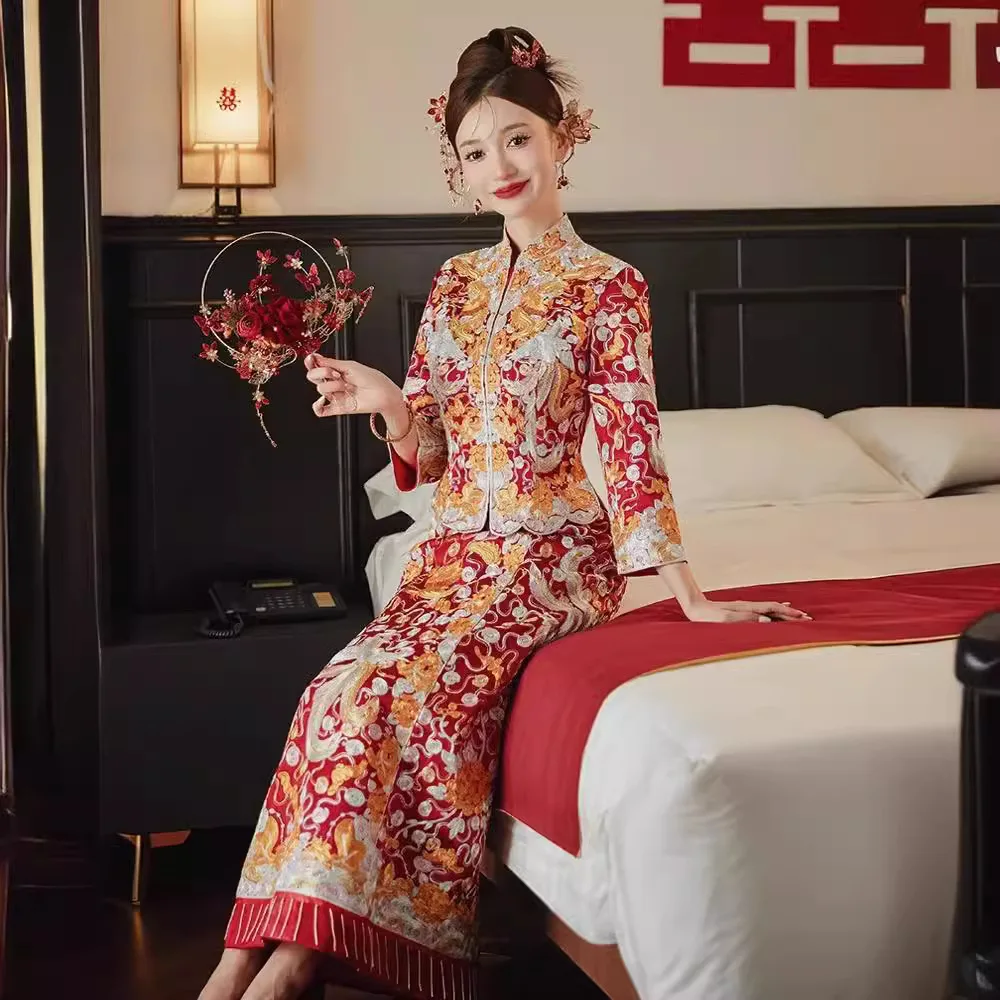 Свадебное платье в китайском стиле Cheongsam высокое качество Дракон Феникс вышивка