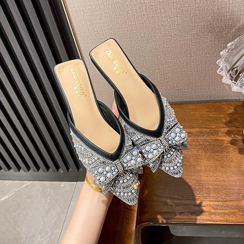 Water Diamond Slippers Summer New Half Slippers Wearing Mules Shoes Outside Flat Sandals Large Women's Shoes Zapatos De Mujer