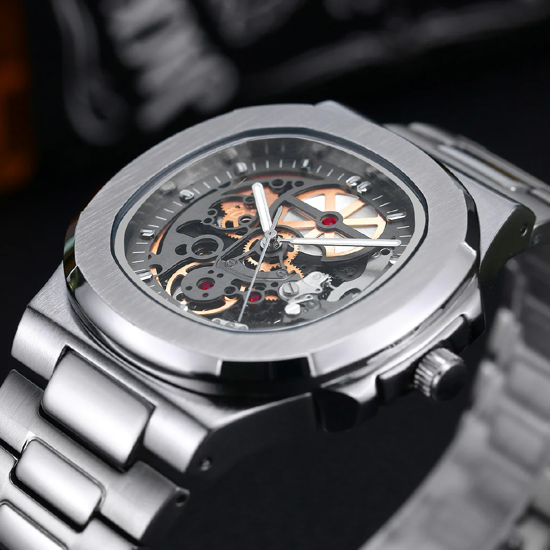 

Fully 316L Steel Fashion Casual Mens Watches Automatic Mechanical Male Wristwatches Transparent Analog Rose Gold Skeleton Clock