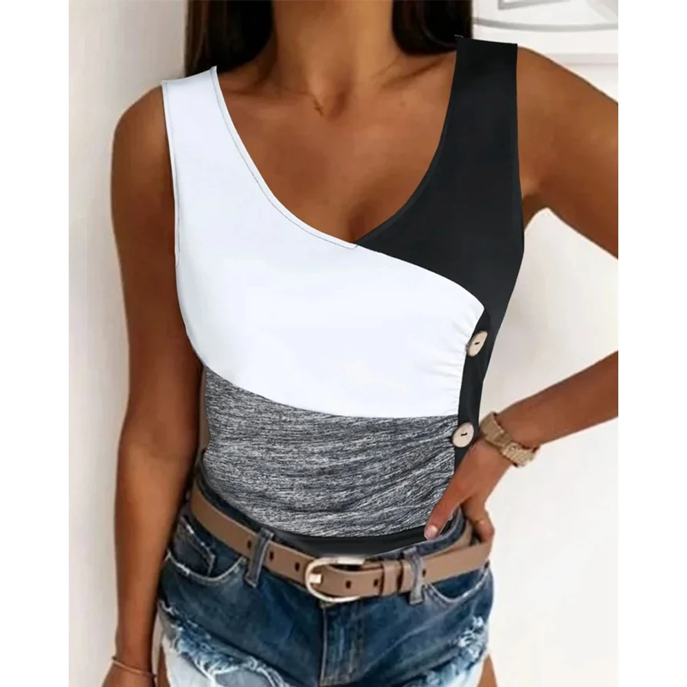 

2023 Summer Women Colorblock V-neck Tank Top Casual Femme Button Detail Sleeveless Cami Top Summer Daily Casual Streetwear