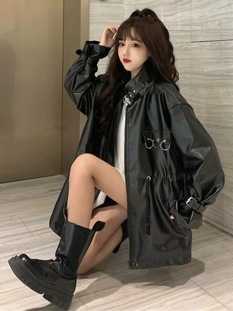Korean Style Motorcycle Leather Jacket Women Black Loose Thin PU Faux Leather Coat Female 2022 Autumn Streetwear Lady Chic Tops
