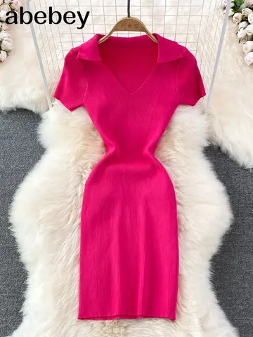 Women Summer Knit Dress 2023 V Neck Streetwear Slim Midi Short Sundress Ladies Casual Elastic Waist Sexy Bodycon Dress