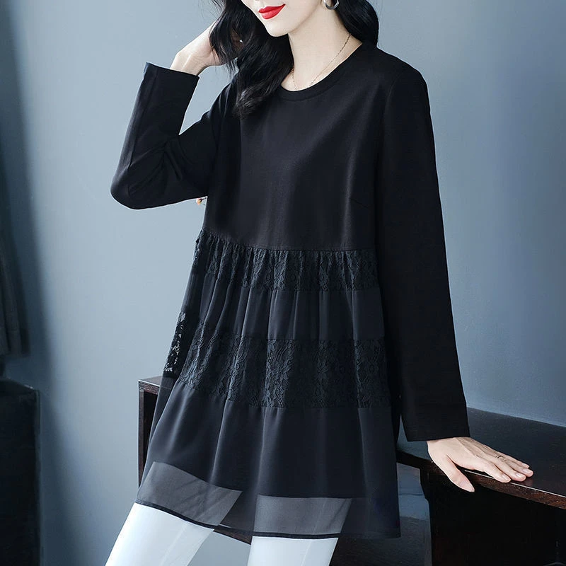 

Black Shirt Female Loose Thin Large Size Blouse Women's Spring Autumn Clothing New Mother Long Sleeve Shirts Blusas Mujer E369