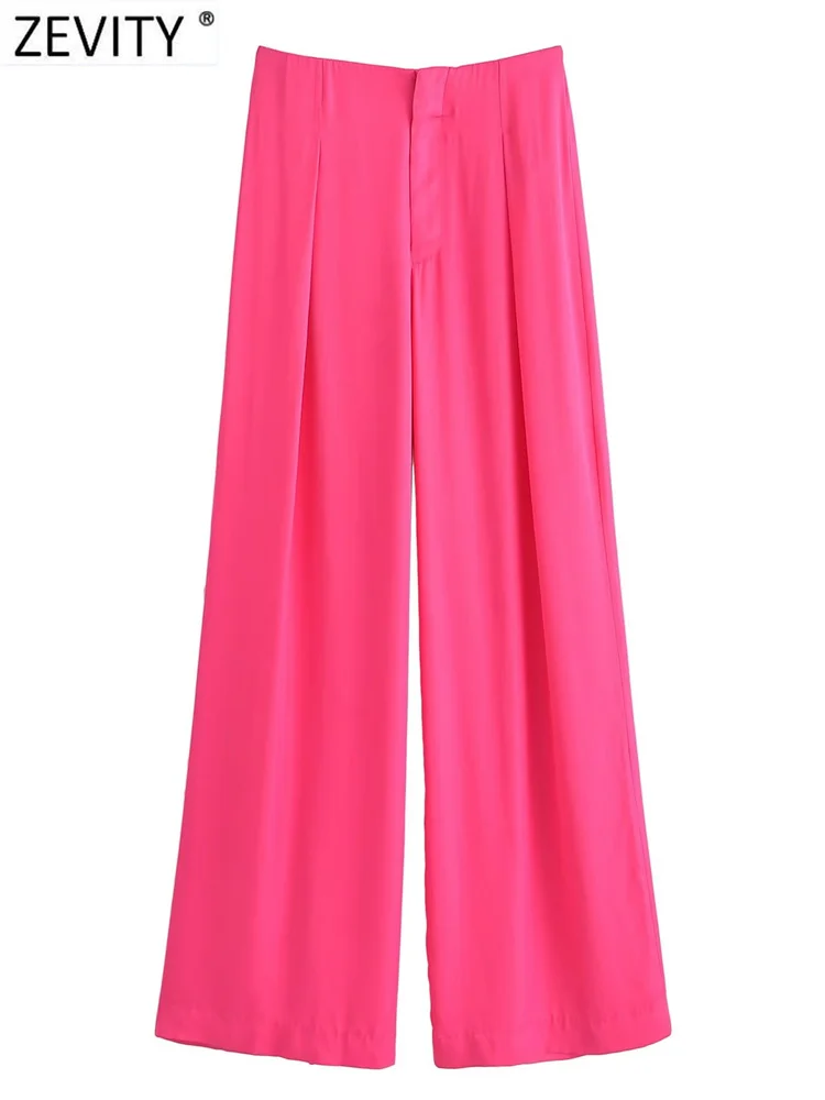 

Zevity Women Fashion Solid Color Pleats Casual Wide Leg Pants Female Chic Zipper Fly Satin Long Trousers Pantalones Mujer P2051