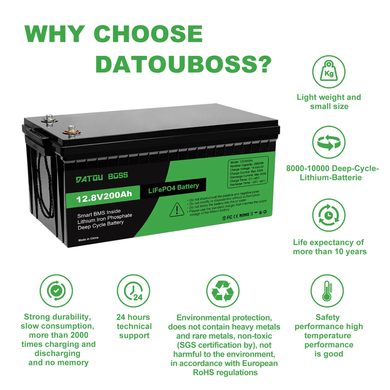 Аккумулятор Datouboss LiFePO4 12В 200Ач, класс А, 8000 циклов глубокого разряда, литиевая батарея LiFePO4 для автодомов, тележек, лодок (art.: 3920da8874696) - 3920da8874696