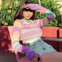 sweet rainbow stripe slim autumn woman sweaters basic y2k cropped top pullover harajuku knitted sweater korean jumper pullover