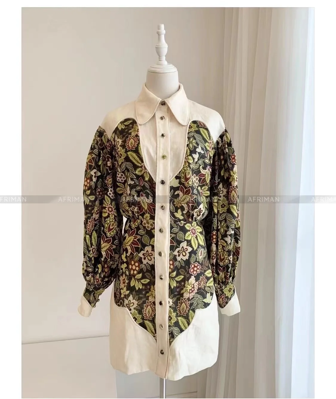 

Women Vintage Style Long Sleeve Flower Print Patchwork Women Single Breasted 100% Linen Mini Shirt Dress