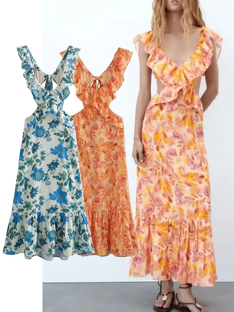 

TRAF 2023 Women Midi Camis Dress Summer Long Dresses for Women Summer sleeveless Sleeve Chic Backless Hollow Dress