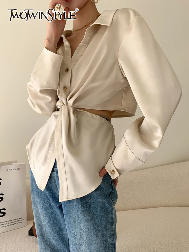 

TWOTWINSTYLE Sexy Solid Shirt For Women Lapel Collar Long Sleeve Cut Out Button Through Blouses Female Korean Fashion Clothing