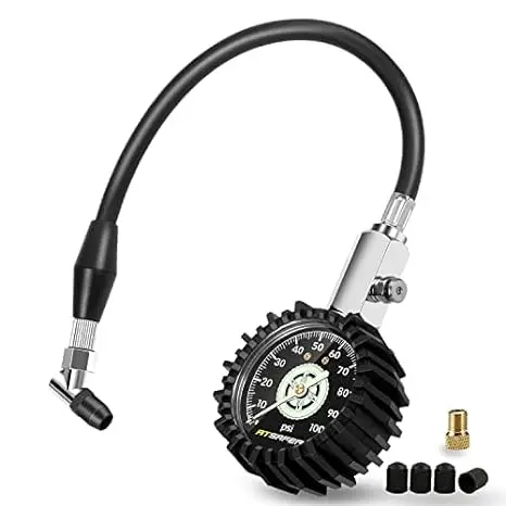 

Манометр для шин ATsafepro, 100 PSI, 30 PSI, 15 PSI, светится в темноте 2,5 дюйма, циферблат, механический манометр для шин, гибкий шланг, угловой патрон