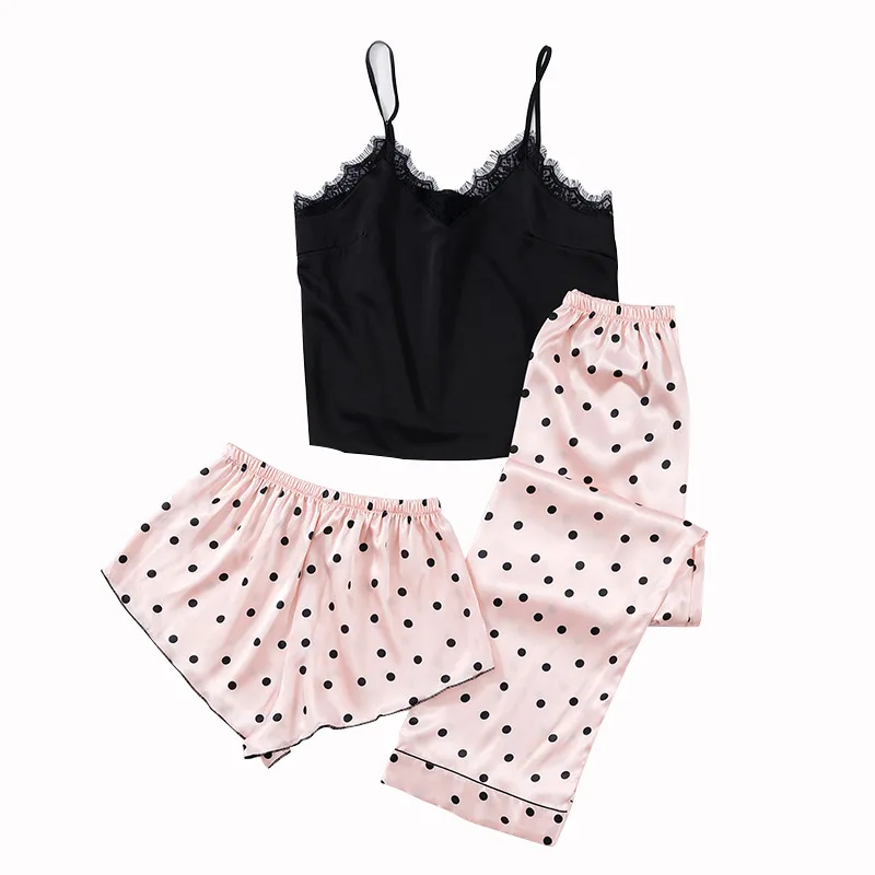 QWEEK Silk Women Pajama Polka Dot Pants Pijama 3 Piece Set Sleepwear Kawaii Pyjama Suit with Short Nightwear Sleeveless Homewear