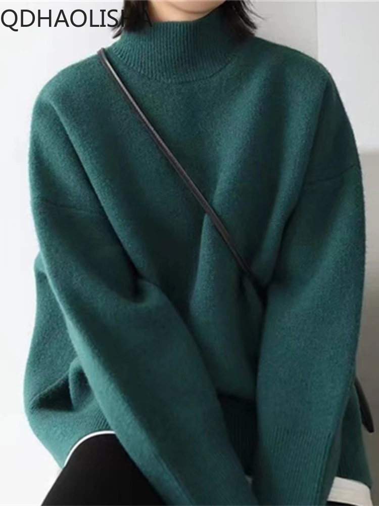 

Sweet Cool Half High Neck Thick Sweater Pullovers Women Korean Fashion Elegant Sweater Woman 2023 Harajuku Long Sleeve Loose Top