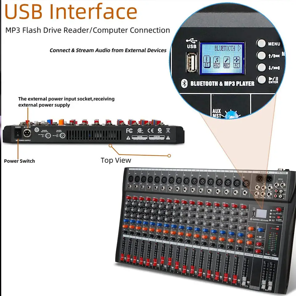 Профессиональный 16-канальный Dj-контроллер OEM DX16 USB аудио микшер для гитары