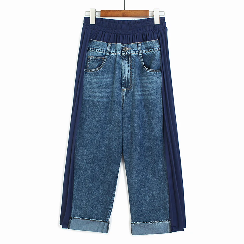

SuperAen Fashion Denim Patchwork Pleated Straight Chiffon Wide Leg Pants Women Loose High Street 2022 Summer