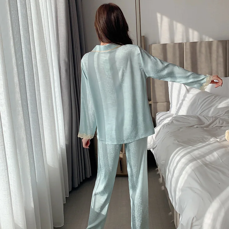 Spring Autumn Pajamas for Women Long Sleeve Loungewear Lace Pajama Sleepwear Suit Female 2 Pcs Set Pantsuits Home Wear Nightwear