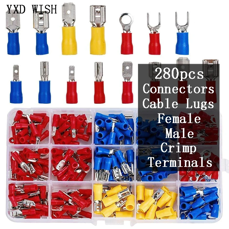 

280pcs Cable Lugs Assortment Kit Wire Flat Female and Male Insulated Electric Wire Cable Connectors Crimp Terminals Set Kit