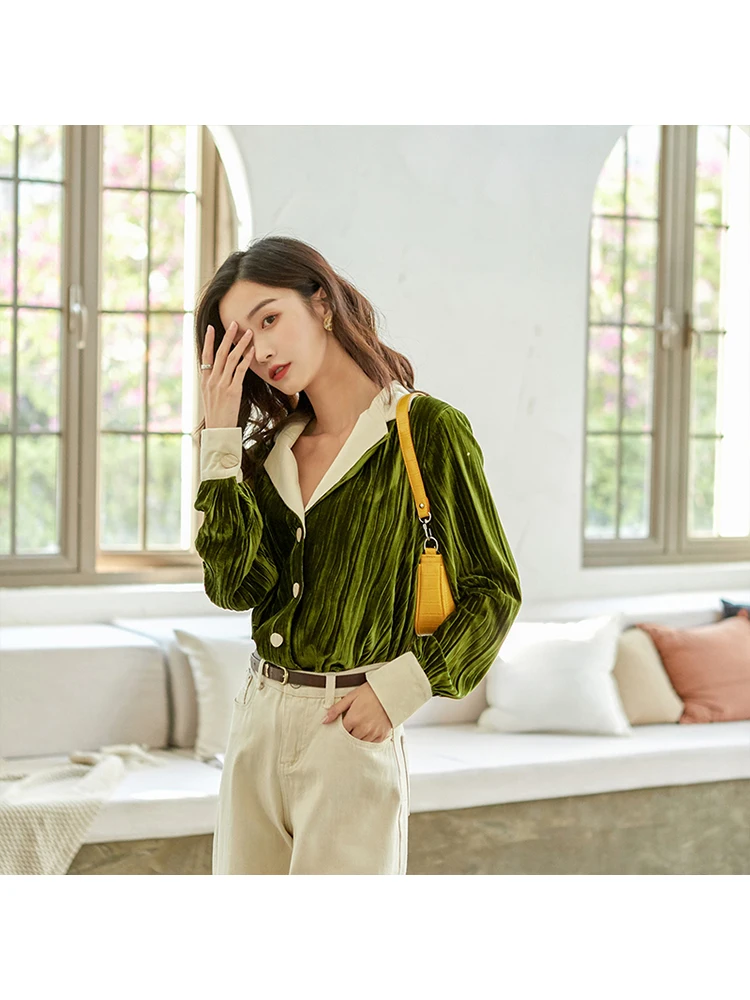 Блузка женская с длинным рукавом отложным воротником и принтом | Женская одежда