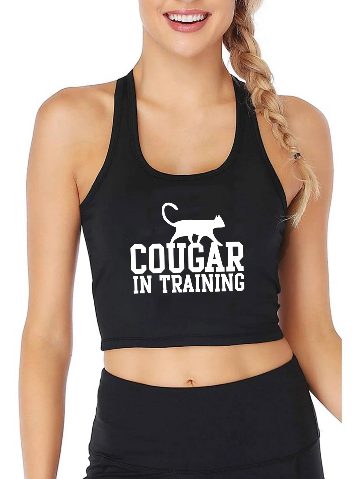 

Cougar в тренировочном дизайне, пикантный облегающий кроп-топ, Женский забавный кот, графические майки, настраиваемый хлопок